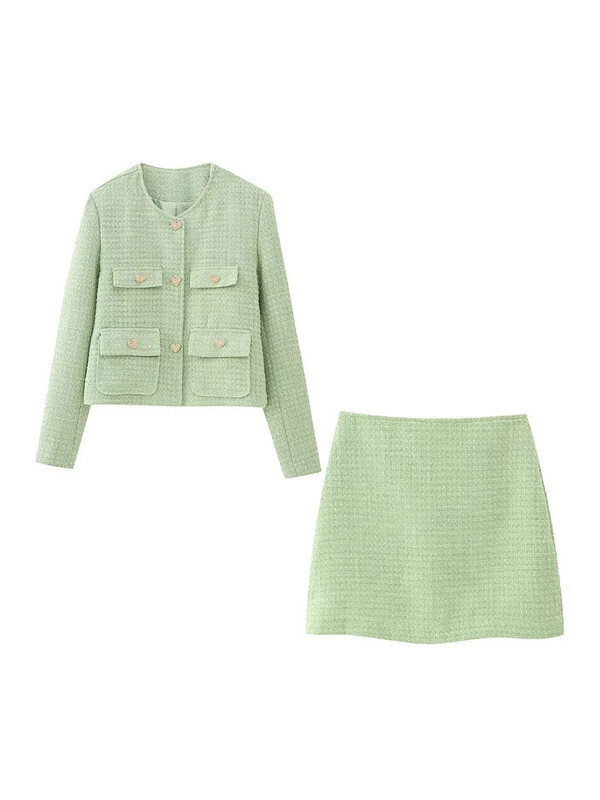 TRAF 2023. Elegantna ženska mini suknja sa blejzerom od tvida Kompleti od 2 komada dugih rukava Jakna s gumbima Ženska skraćena odijela