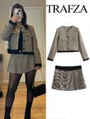 TRAFZA Комплект дамски карирани поли Шикозно късо яке с дълги ръкави Ретро Дамски поли с висока талия и страничен цип Комплект от 2 части