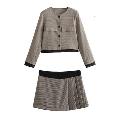 TRAFZA Комплект дамски карирани поли Шикозно късо яке с дълги ръкави Ретро Дамски поли с висока талия и страничен цип Комплект от 2 части