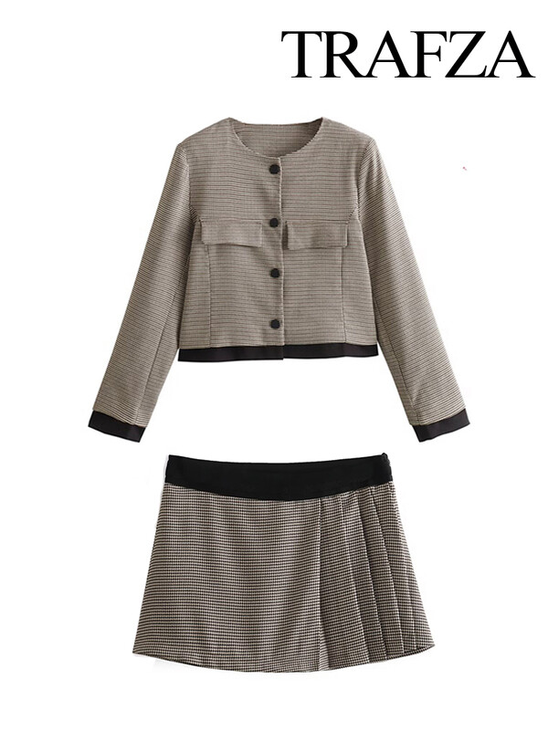 TRAFZA Комплект дамски карирани поли Шикозно късо яке с дълги ръкави Ретро Дамски поли с висока талия и страничен цип Комплект от 2 части