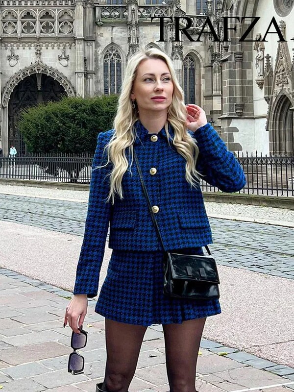 TRAFZA Modni zimski set ženskih sakoa s patentnim zatvaračem visokog struka, asimetrični plisirani ženski šik kratki set od 2 komada