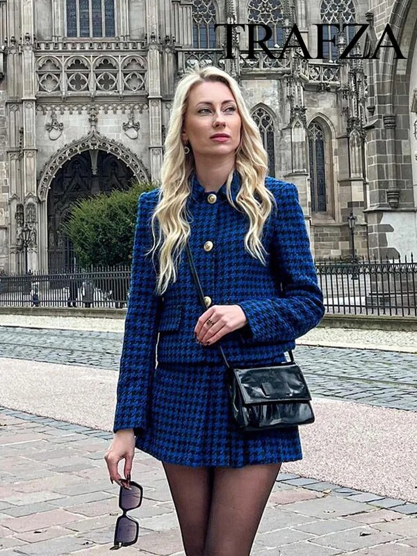 TRAFZA Modni zimski set ženskih sakoa s patentnim zatvaračem visokog struka, asimetrični plisirani ženski šik kratki set od 2 komada