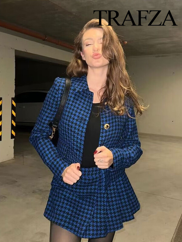 TRAFZA Modni zimski set ženskih sakoa s patentnim zatvaračem visokog struka, asimetrični plisirani ženski šik kratki set od 2 komada