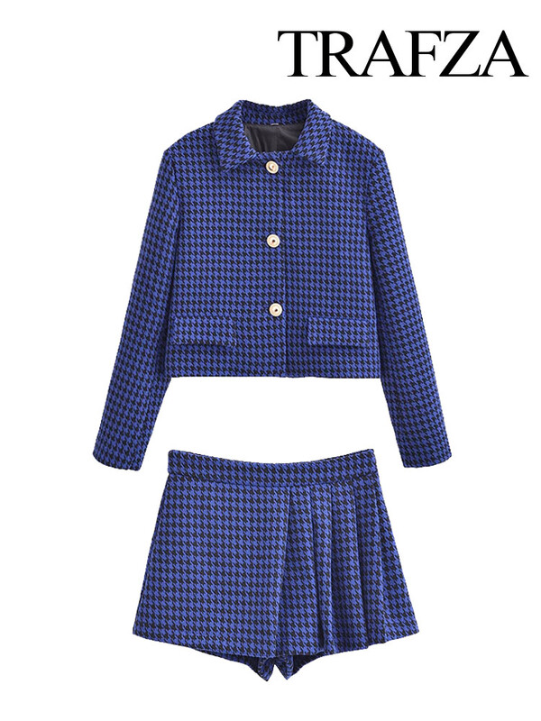 TRAFZA Modni zimski set ženskih sakoa s patentnim zatvaračem visokog struka, asimetrični plisirani ženski šik kratki set od 2 komada