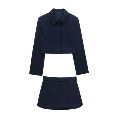 TRAFZA Proljetni elegantni ženski kratki satenski blejzer odijelo s patentnim zatvaračem visokog struka, ženska ležerna široka plisirana suknja A-kroja, dvodijelni set