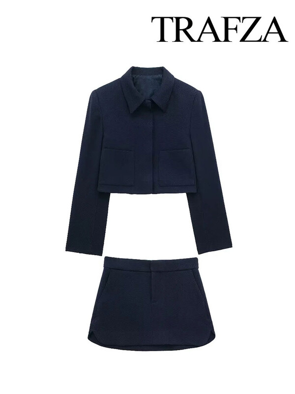 TRAFZA Proljetni elegantni ženski kratki satenski blejzer odijelo s patentnim zatvaračem visokog struka, ženska ležerna široka plisirana suknja A-kroja, dvodijelni set