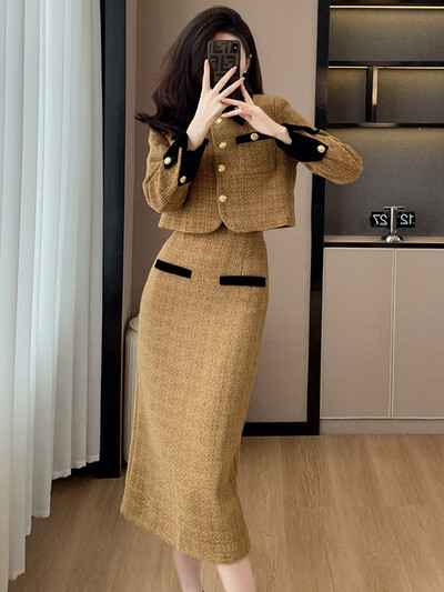Set două piese din tweed vintage francez pentru femei Jachetă scurtă haină + fustă bodycon costume toamnă iarna ținute elegante OL 2 piese