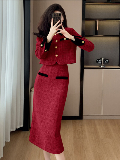 Francuski vintage dvodijelni set od tvida Ženska kratka jakna Kaput + uzdužna suknja Odijela Jesen Zima Elegantna OL 2-dijelna odjeća
