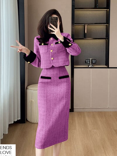 Francuski vintage dvodijelni set od tvida Ženska kratka jakna Kaput + uzdužna suknja Odijela Jesen Zima Elegantna OL 2-dijelna odjeća