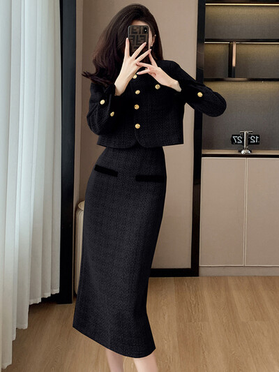 Francuski vintage dvodijelni set od tvida Ženska kratka jakna Kaput + uzdužna suknja Odijela Jesen Zima Elegantna OL 2-dijelna odjeća