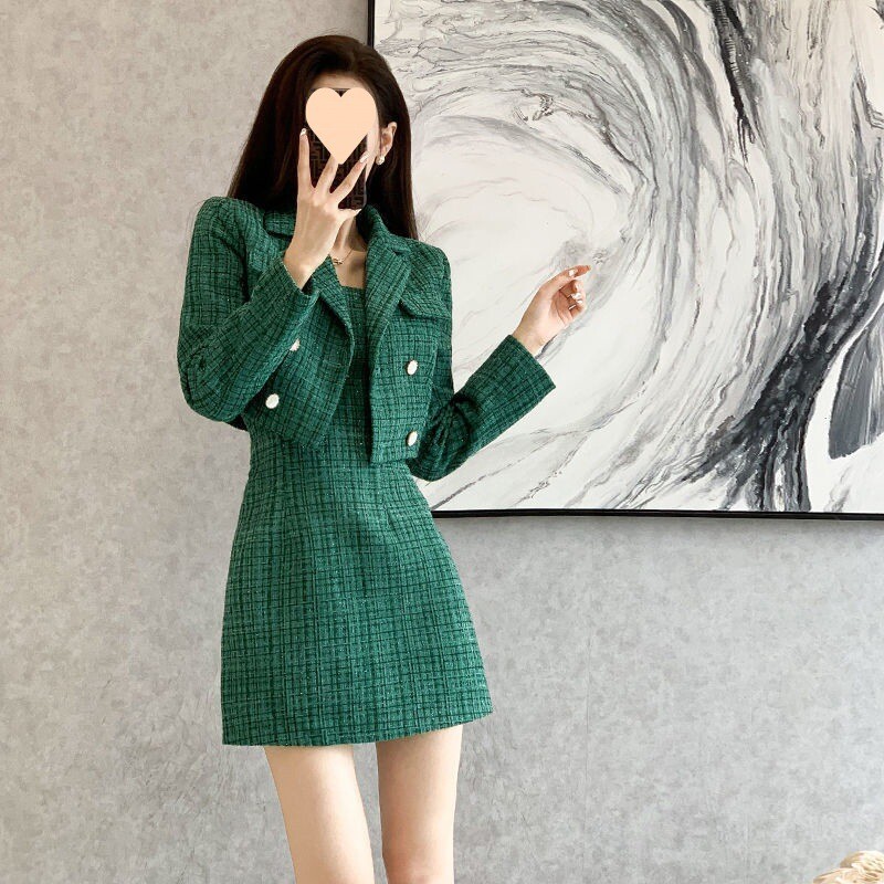 Naiste tviid 2-tk komplekt roheline pikkade varrukatega revääriga jope+camisole seelik 2024 uus sügis/talv väikese lõhnaga stiilikomplekt