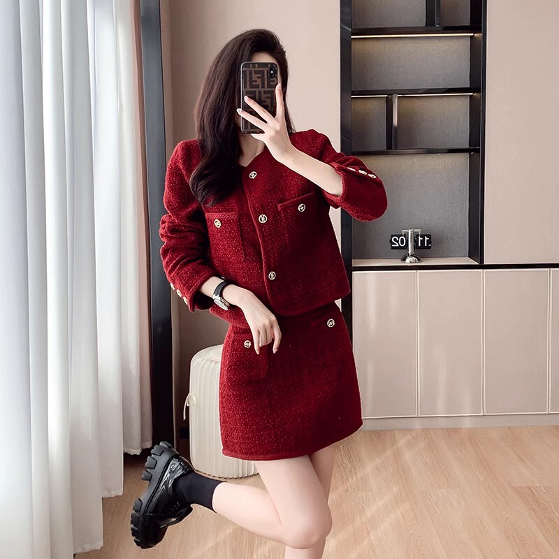 Novo jesensko zimsko odijelo Žensko elegantno modno rubno odijelo od tvida Kratki kaput s metalnim gumbima Suknja visokog struka Dvodijelni komplet ženske odjeće