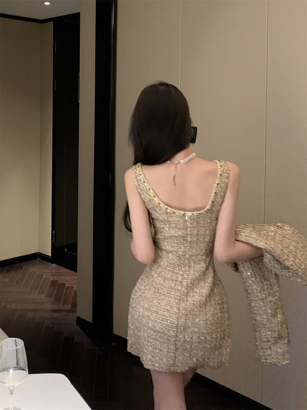 Zlatna dvodijelna jakna od tvida za žene Jesen Zima 2023. Luksuzni dizajnerski elegantni vuneni kaput + remen Mini haljina Korejska moda