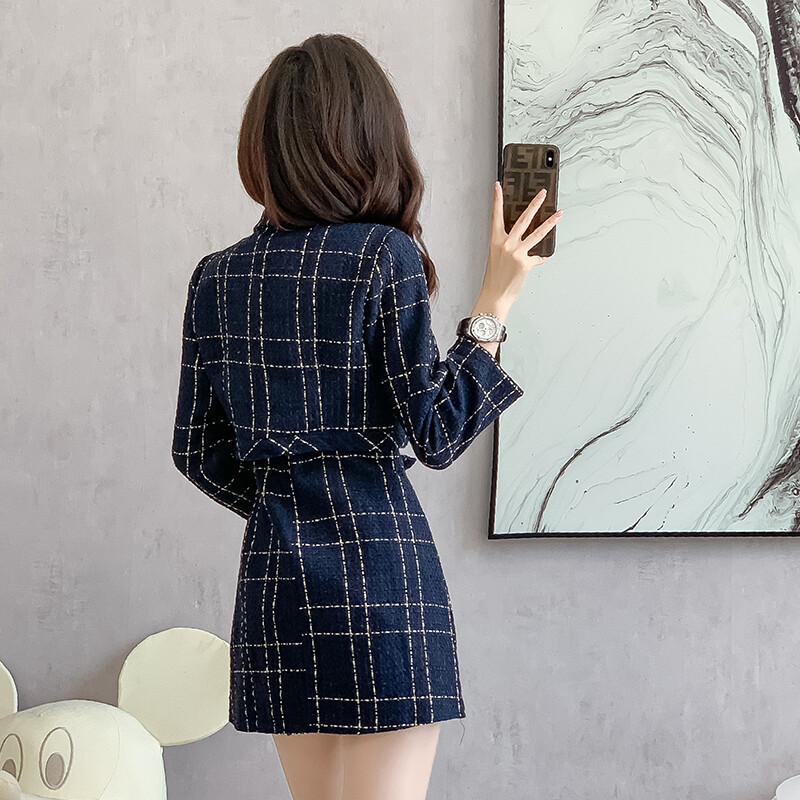 Jachetă și rochie de toamnă pentru femei Mini rochii de iarnă Costume pentru femei Blazer în carouri Set 2 piese Fashion Casual Suite