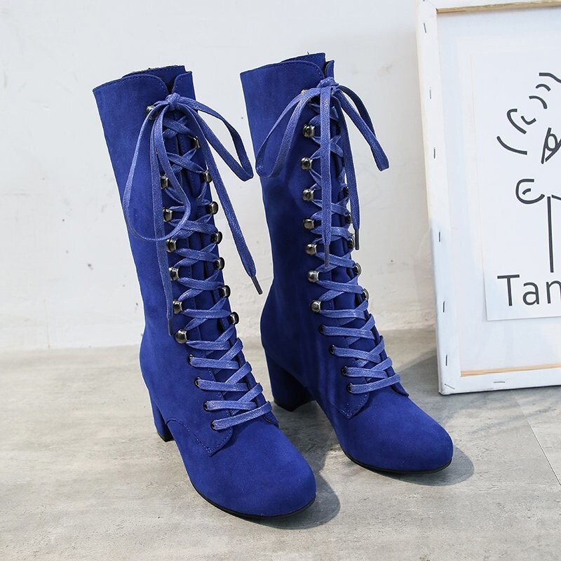 2023. Zimske ženske čizme Cipele Modne vintage čizme na vezanje Ženske okrugle kaubojske čizme na visoku petu Cipele Ženske Botas Mujer