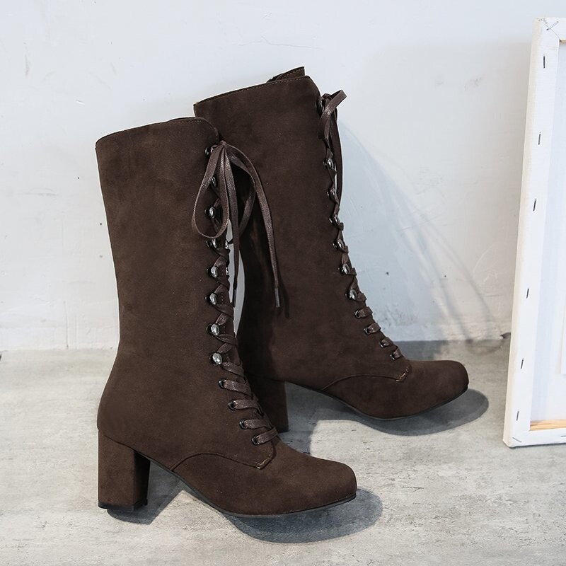 2023. Zimske ženske čizme Cipele Modne vintage čizme na vezanje Ženske okrugle kaubojske čizme na visoku petu Cipele Ženske Botas Mujer