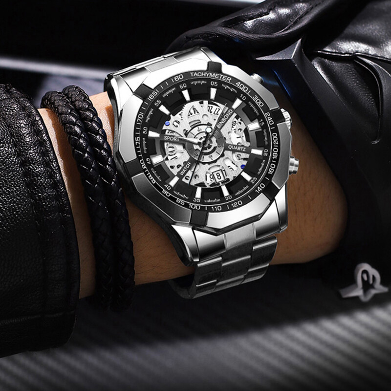 BINBONG Poslovni muški satovi Vodootporni kalendar Svjetleći modni kvarcni sat za muškarce Muški sat od nehrđajućeg čelika Reloj Hombre