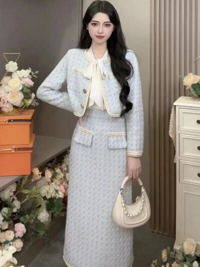 Elegantni dvodijelni set od tvida za žene Jesen Zima Kaput s kratkim sakoom dugih rukava + Kompleti suknji visokog struka Korejsko modno odijelo