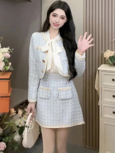 Elegantni dvodijelni set od tvida za žene Jesen Zima Kaput s kratkim sakoom dugih rukava + Kompleti suknji visokog struka Korejsko modno odijelo