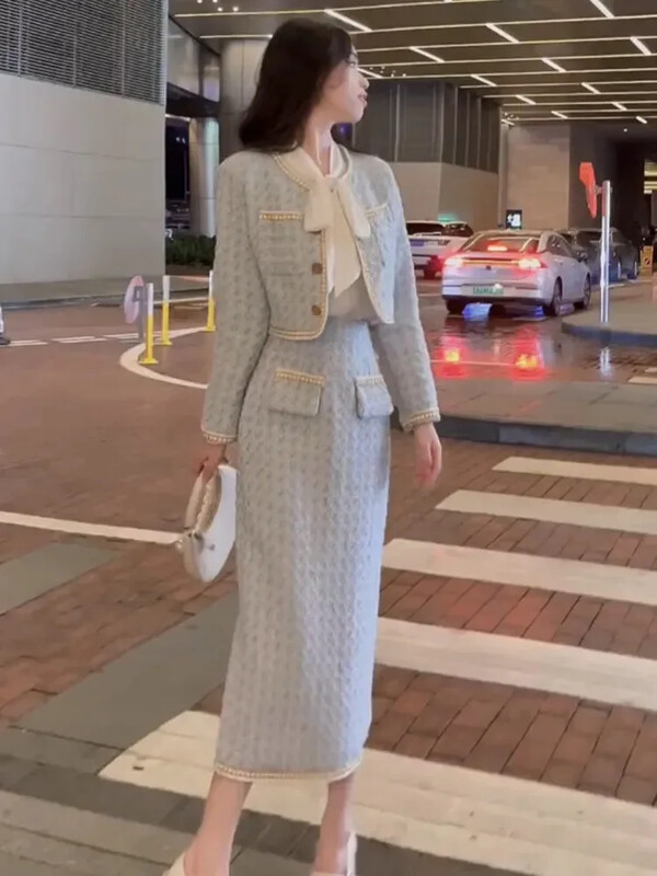 Elegantni dvodijelni set od tvida za žene Jesen Zima Kaput s kratkim sakoom dugih rukava + Kompleti suknji visokog struka Korejsko modno odijelo