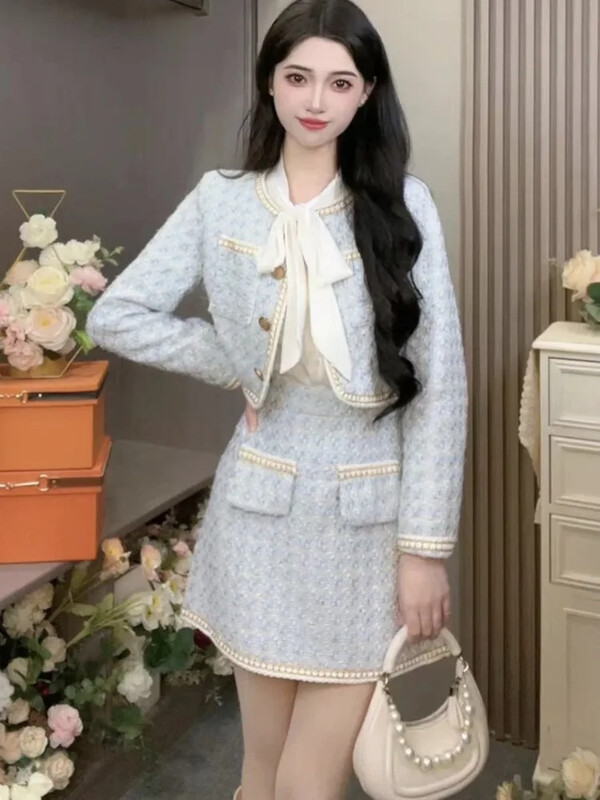 Elegantni dvodijelni set od tvida za žene Jesen Zima Kaput s kratkim sakoom dugih rukava + Kompleti suknji visokog struka Korejsko modno odijelo