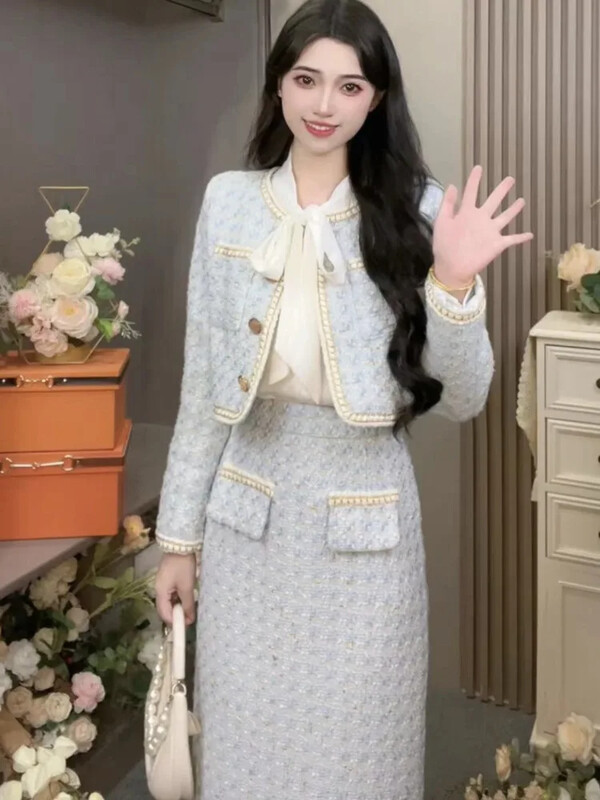 Elegantni dvodijelni set od tvida za žene Jesen Zima Kaput s kratkim sakoom dugih rukava + Kompleti suknji visokog struka Korejsko modno odijelo