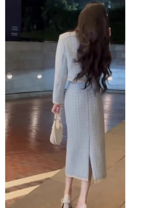 Elegantni dvodijelni set od tvida za žene Jesen Zima Kaput s kratkim sakoom dugih rukava + Kompleti suknji visokog struka Korejsko modno odijelo