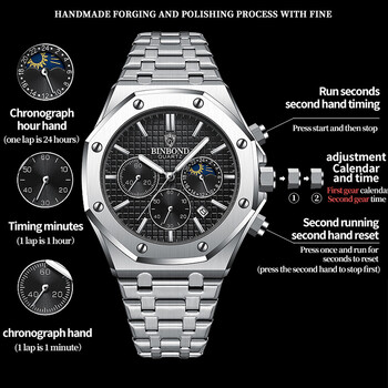 BINBONG B0161 Top Brand Man Business ρολόι χαλαζία Chronograph Ρολόι χειρός από ανοξείδωτο ατσάλι 30M αδιάβροχο ανδρικό ρολόι πολυτελείας