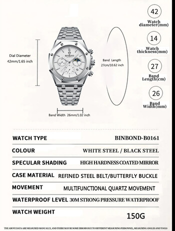 BINBONG B0161 Top Brand Man Business ρολόι χαλαζία Chronograph Ρολόι χειρός από ανοξείδωτο ατσάλι 30M αδιάβροχο ανδρικό ρολόι πολυτελείας