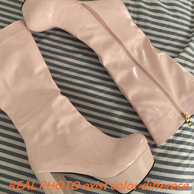 REAVE CAT INS Marka Luksuzne dizajnerske platforme Debele visoke potpetice Seksi ženske čizme do sredine teleta Patentirane boje s patentnim zatvaračem Goth Velika veličina 43