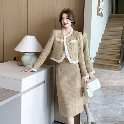 Stil francez Vintage High-end Feel Elegant Socialite Slimming Tweed Fusta Costum Set 2 piese Toamna/iarna Noua sosire