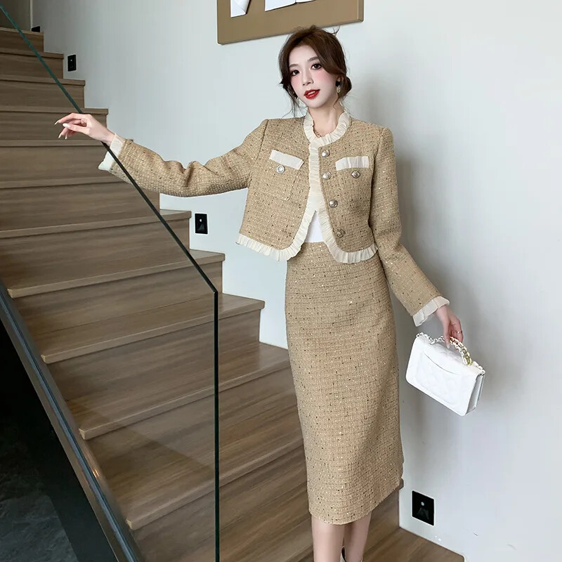 Francuski stil Vintage High-end Feel Elegant Socialite Suknja od tvida za mršavljenje 2-dijelni komplet jesen/zima Novi dolazak