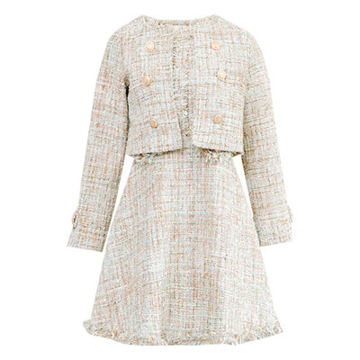 Visokokvalitetni ženski komplet od 2 komada jesen zima sjajni zlatni sako od tvida s dvostrukim kopčanjem, kaput + kompleti kratkih haljina A kroja s resicama