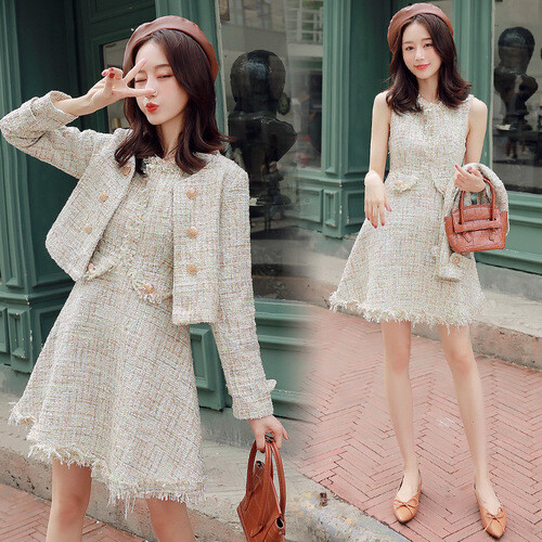 Visokokvalitetni ženski komplet od 2 komada jesen zima sjajni zlatni sako od tvida s dvostrukim kopčanjem, kaput + kompleti kratkih haljina A kroja s resicama