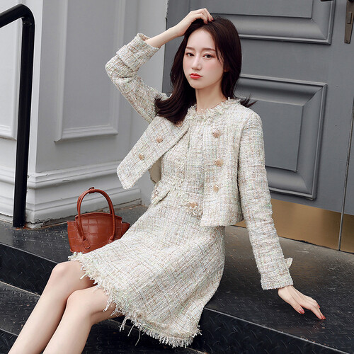 Visokokvalitetni ženski komplet od 2 komada jesen zima sjajni zlatni sako od tvida s dvostrukim kopčanjem, kaput + kompleti kratkih haljina A kroja s resicama