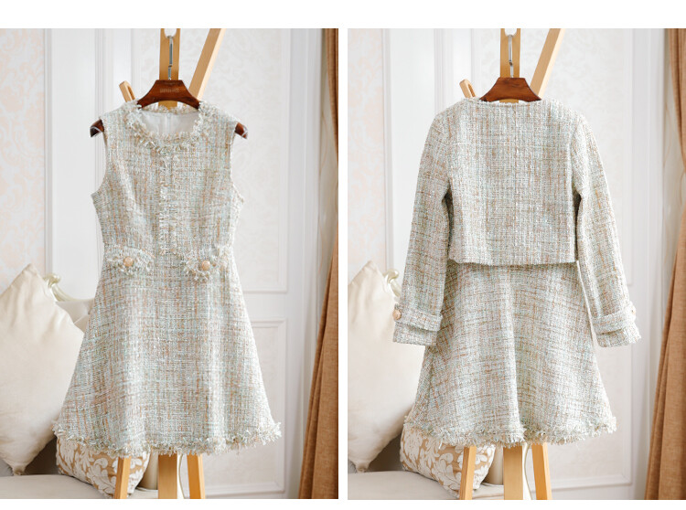 Visokokvalitetni ženski komplet od 2 komada jesen zima sjajni zlatni sako od tvida s dvostrukim kopčanjem, kaput + kompleti kratkih haljina A kroja s resicama