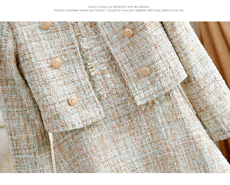 Visokokvalitetni ženski komplet od 2 komada jesen zima sjajni zlatni sako od tvida s dvostrukim kopčanjem, kaput + kompleti kratkih haljina A kroja s resicama