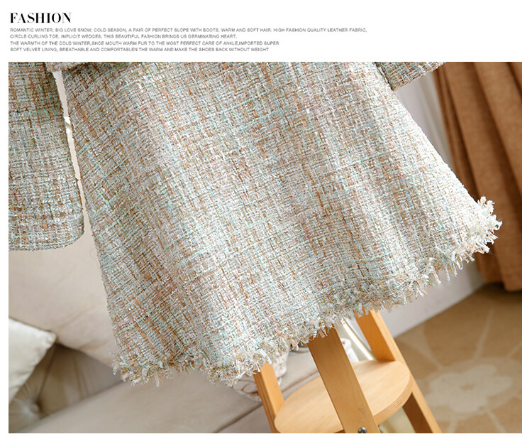 Visokokvalitetni ženski komplet od 2 komada jesen zima sjajni zlatni sako od tvida s dvostrukim kopčanjem, kaput + kompleti kratkih haljina A kroja s resicama