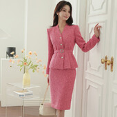 Luksuzni modni ženski set od 2 komada, jesen-zima, korejski vuneni remen od tvida, ružičasti radni kaput, gornja odjeća + olovka, uredske suknje, odijela