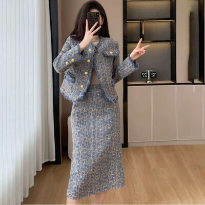 2024, primăvară, toamnă, fustă, costum nou, în tweed, modă pentru femei, largi, dulce, la un singur piept, ocazional, șic, seturi din două piese