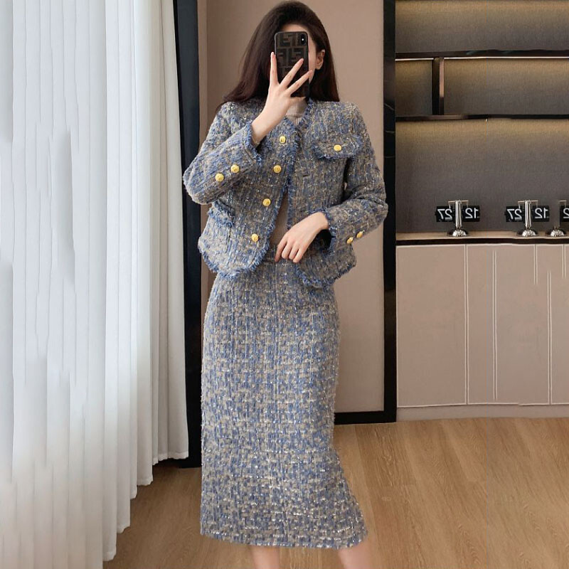 2024. Proljeće Jesen Novo odijelo od tvida Ženska modna široka slatka dvodijelna jakna s jednorednim kopčanjem Ležerna šik jakna