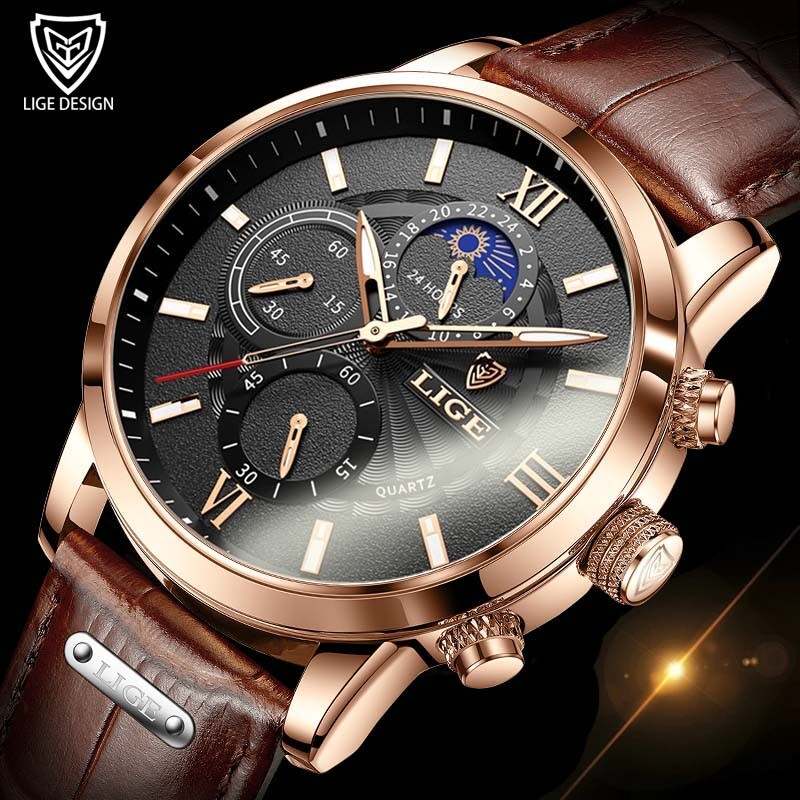 LIGE Luksuzni muški satovi vrhunske marke, kožni, vodootporni, svjetleći kvarcni sat za muškarce, modni ležerni sportski sat, muški ručni sat + kutija