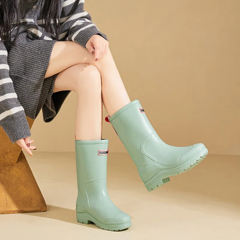 Modne ženske kišne čizme u korejskom stilu, srednje visoke čarape, vunene podstave, tople, svestrane, vodootporne kožne vanjske cipele