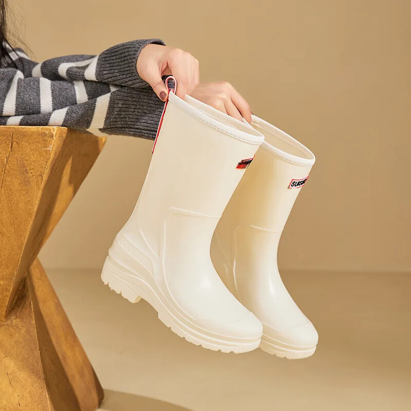 Modne ženske kišne čizme u korejskom stilu, srednje visoke čarape, vunene podstave, tople, svestrane, vodootporne kožne vanjske cipele