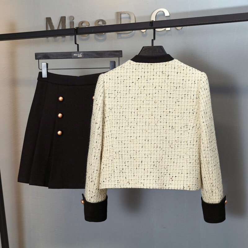 Moda de înaltă calitate pentru femei, iarnă, toamnă, set de 2 piese, cu parfum mic, haină din tweed, jachetă, topuri + fuste mini plisate.