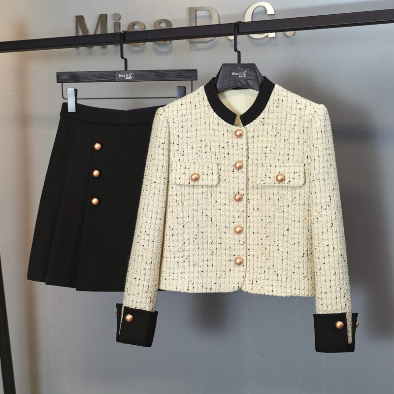 Moda de înaltă calitate pentru femei, iarnă, toamnă, set de 2 piese, cu parfum mic, haină din tweed, jachetă, topuri + fuste mini plisate.