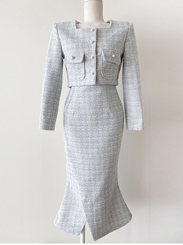 Mali mirisni dvodijelni setovi Ženska moda Elegantni kratki topovi s dugim rukavima od tvida + odijelo uz suknje visokog struka 2023 Novo