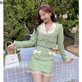 Σετ δύο τεμαχίων Frill Lace Pearls Button Up Jacket Tweed Outfit Coat Crop Top + Μίνι φούστα φιόγκο κοστούμι Γυναικείο φθινοπωρινό χαριτωμένα κορεάτικα ρούχα