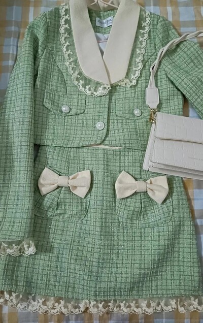 Σετ δύο τεμαχίων Frill Lace Pearls Button Up Jacket Tweed Outfit Coat Crop Top + Μίνι φούστα φιόγκο κοστούμι Γυναικείο φθινοπωρινό χαριτωμένα κορεάτικα ρούχα