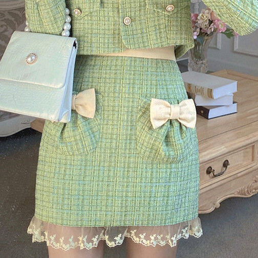 Σετ δύο τεμαχίων Frill Lace Pearls Button Up Jacket Tweed Outfit Coat Crop Top + Μίνι φούστα φιόγκο κοστούμι Γυναικείο φθινοπωρινό χαριτωμένα κορεάτικα ρούχα